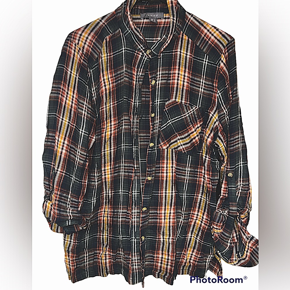 Primark Women’s Check Button Up Shirt Blouse US Sz 12 EUR 44 Long Sleeve Casual